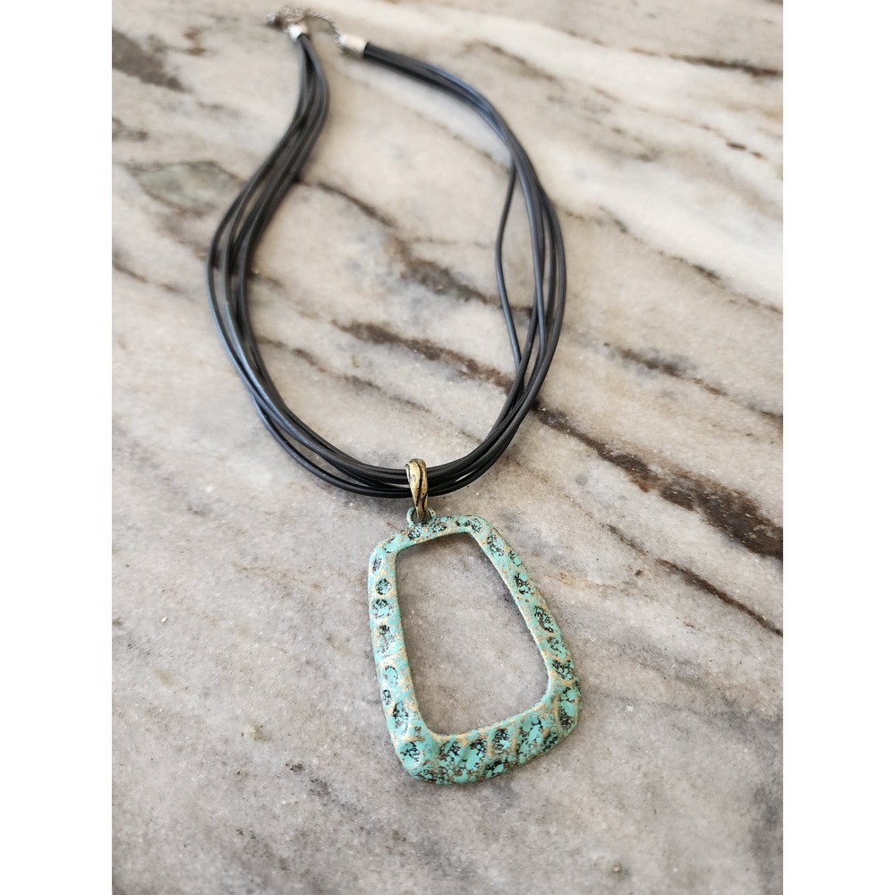 Boho Verdigris Patina Geometric Pendant Multi Strand Cord Necklace Turquoise